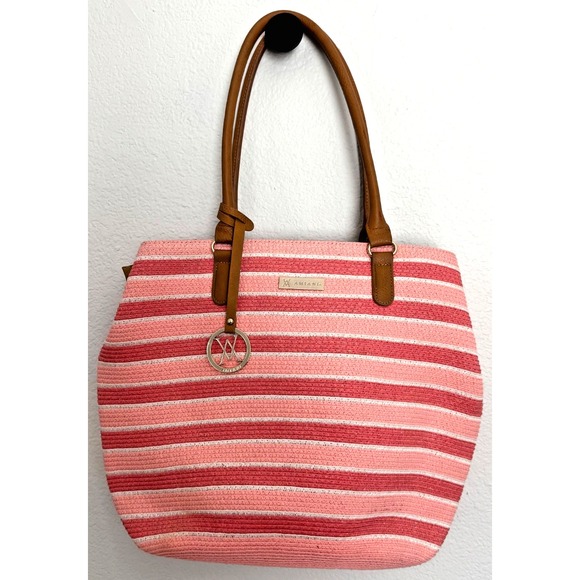 Amiana Handbags - Amiani Pink Beach Bag Tote Zipper Closure Stripped Handbag‎ Gold Shimmer